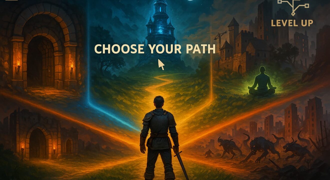 The Top 5 LitRPG Subgenres Feature Image – Choose Your Path Adventurer at a glowing crossroads with five fantasy paths representing LitRPG subgenres: dungeon, tower, town, cultivation, and apocalypse.