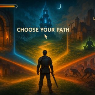 The Top 5 LitRPG Subgenres Feature Image – Choose Your Path Adventurer at a glowing crossroads with five fantasy paths representing LitRPG subgenres: dungeon, tower, town, cultivation, and apocalypse.