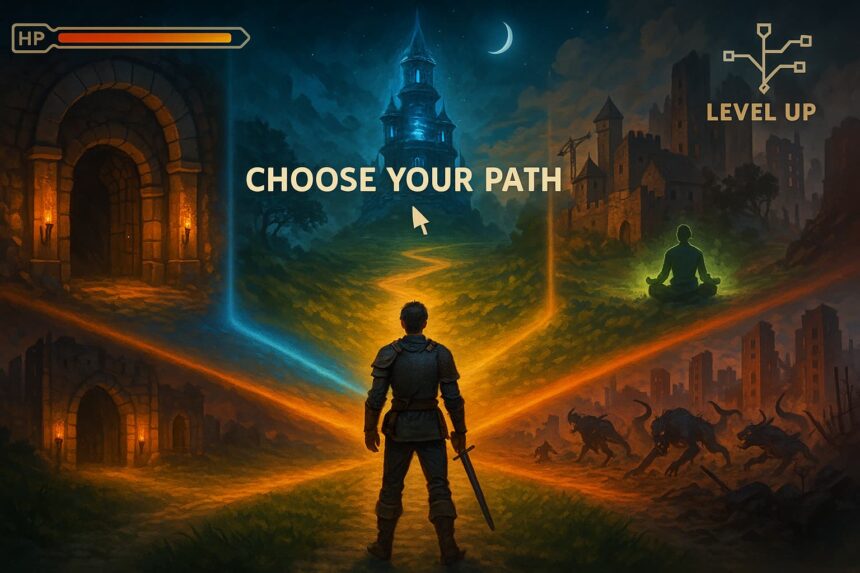 The Top 5 LitRPG Subgenres Feature Image – Choose Your Path Adventurer at a glowing crossroads with five fantasy paths representing LitRPG subgenres: dungeon, tower, town, cultivation, and apocalypse.