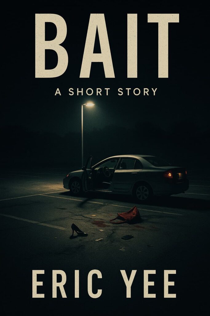 Book cover of Bait by Eric Yee, showing a dark parking lot with an open car door, a bloodstain, and discarded high heels and red dress under a lone streetlight.