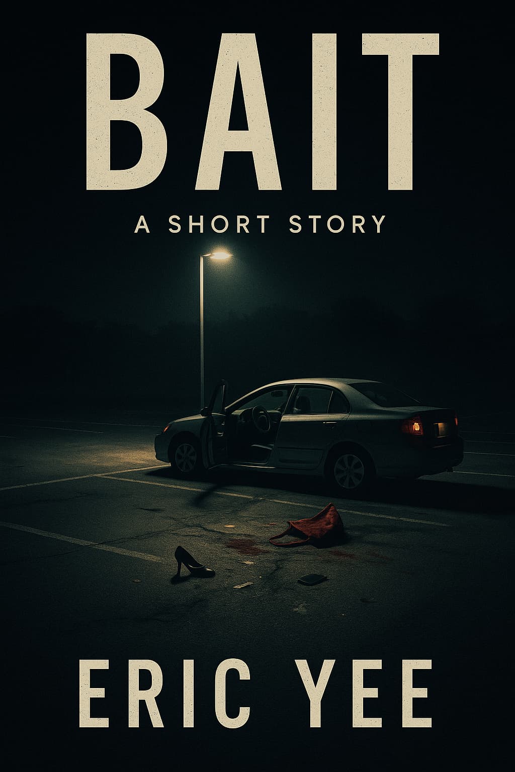 bait_cover Book cover of Bait by Eric Yee, showing a dark parking lot with an open car door, a bloodstain, and discarded high heels and red dress under a lone streetlight.
