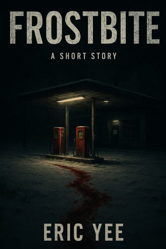 Book cover of Frostbite by Eric Yee, showing an abandoned gas station at night. Two old red pumps stand beneath a dim canopy light, while a dark trail of blood stretches across the snow.