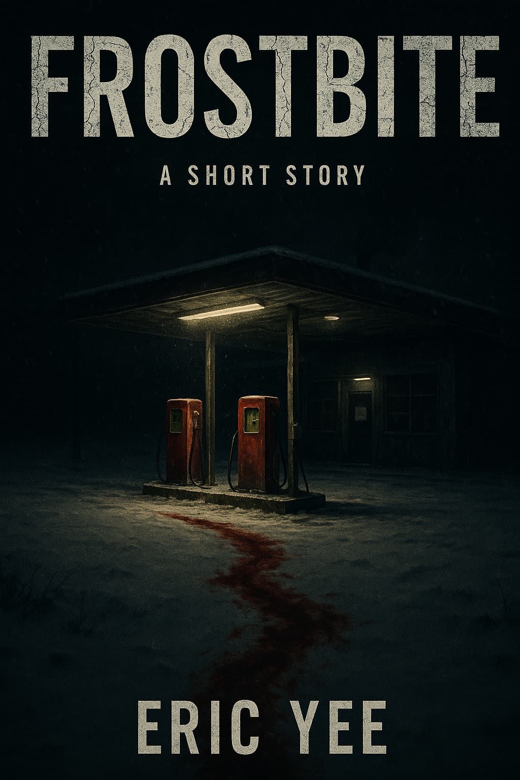 Frostbite Book cover of Frostbite by Eric Yee, showing an abandoned gas station at night. Two old red pumps stand beneath a dim canopy light, while a dark trail of blood stretches across the snow.