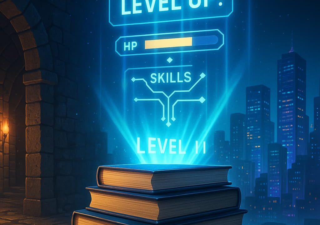Why LitRPG Is Growing Fast — Feature Image Stack of glowing books with holographic RPG elements like Level Up, HP bar, and skill tree, symbolizing the rise of LitRPG between fantasy and modern worlds.