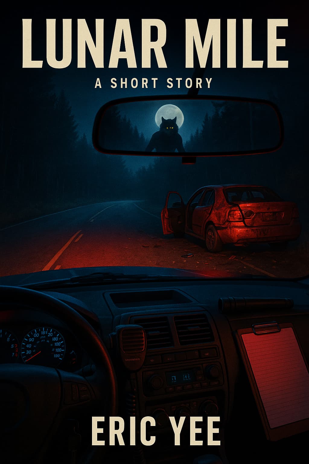 Lunar Mile Book cover of Lunar Mile by Eric Yee, showing the view from inside a car at night. Ahead, a wrecked vehicle sits abandoned with its door open. Reflected in the rearview mirror, a glowing-eyed werewolf stands silhouetted against the full moon.