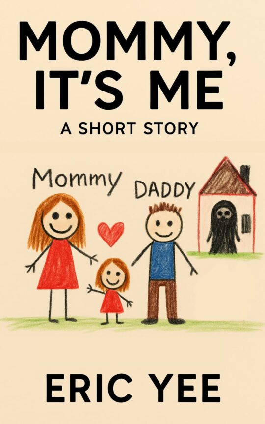 Book cover of Mommy, It’s Me by Eric Yee, designed like a child’s crayon drawing. A smiling family stands together beside a house, but in the doorway a dark, ghostly figure looms.