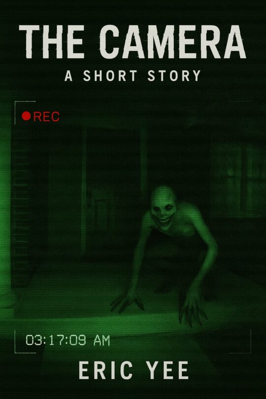 Book cover of The Camera by Eric Yee, styled as a night-vision recording. A pale, grinning creature crawls toward the camera in a dark room, with a digital timestamp reading 3:17 AM.