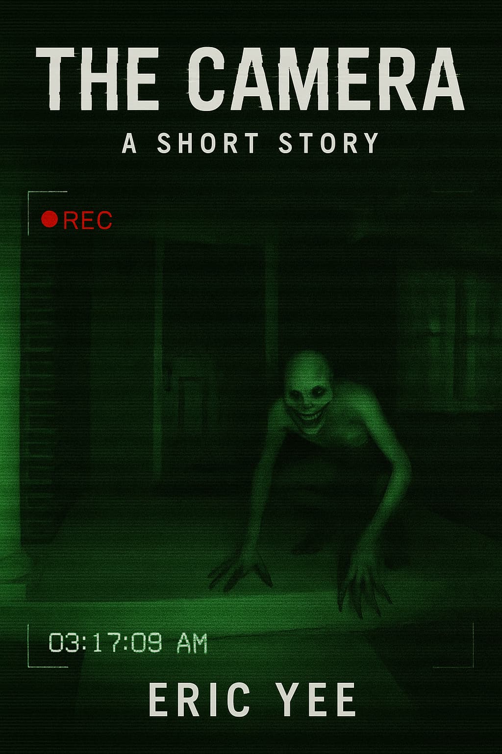 The Camera Book cover of The Camera by Eric Yee, styled as a night-vision recording. A pale, grinning creature crawls toward the camera in a dark room, with a digital timestamp reading 3:17 AM.