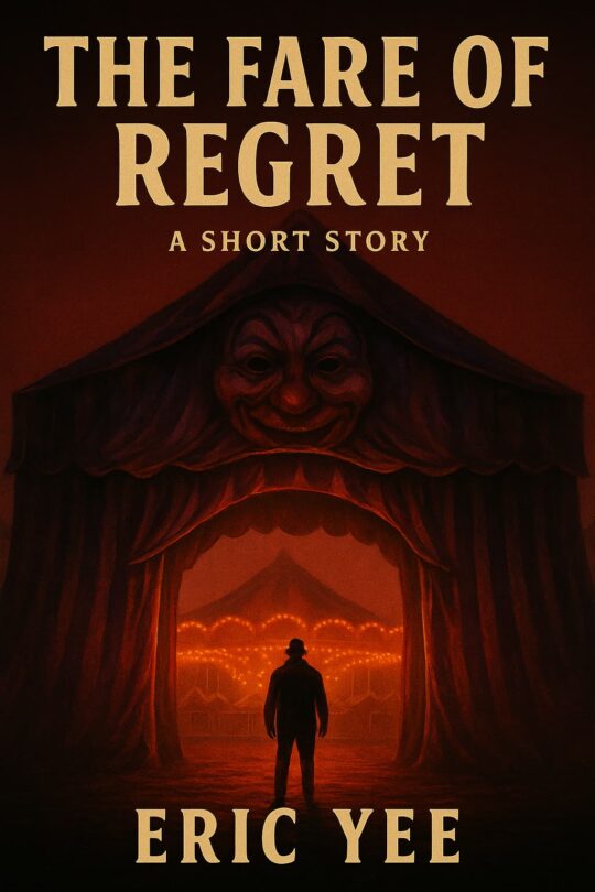 Book cover of The Fare of Regret by Eric Yee, showing a shadowed figure entering a carnival tent with a sinister clown face above the entrance, glowing lights of the fair beyond.