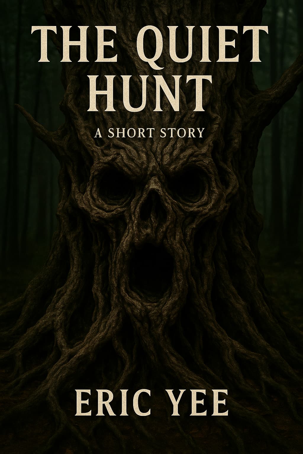 the_quiet_hunt_cover Book cover of The Quiet Hunt by Eric Yee, featuring a dark forest and a sinister tree with a screaming skull face carved into its bark.
