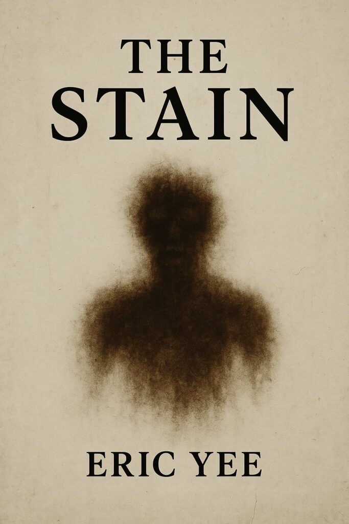 Book cover of The Stain by Eric Yee, featuring a dark, shadowy human figure forming like a spreading blot across a pale, textured background.