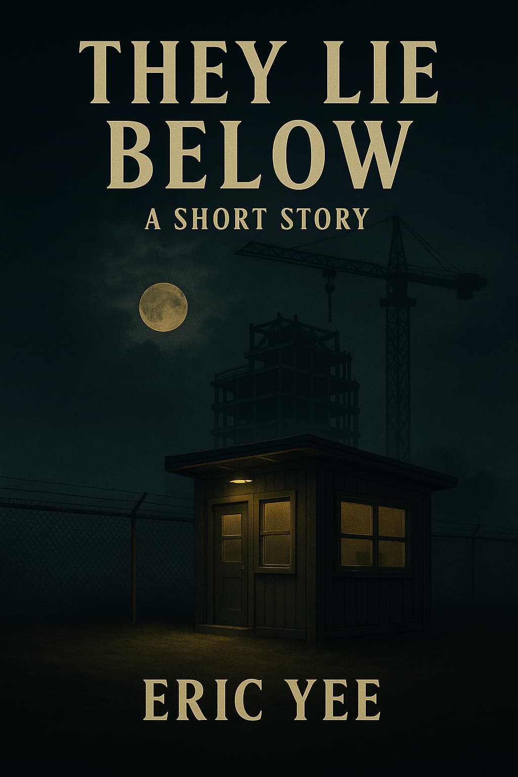 They Lie Below Book cover of They Lie Below by Eric Yee, showing a construction site at night under a full moon. A dimly lit security shack stands in the foreground with a crane and unfinished building looming behind.