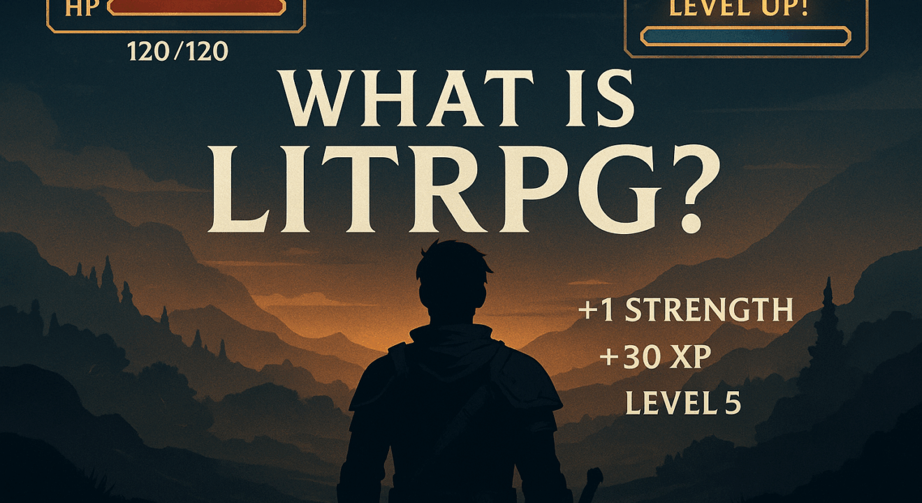 What Is LitRPG Feature Image – Adventurer Silhouette with RPG Stats Silhouette of a fantasy adventurer with RPG stats like HP and Level Up floating in the sky, symbolizing LitRPG storytelling.