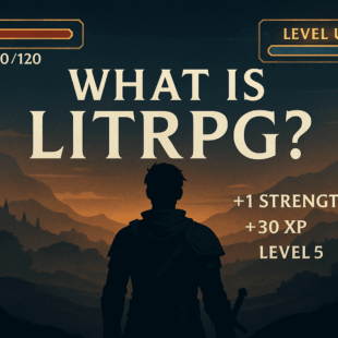 What Is LitRPG Feature Image – Adventurer Silhouette with RPG Stats Silhouette of a fantasy adventurer with RPG stats like HP and Level Up floating in the sky, symbolizing LitRPG storytelling.
