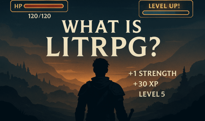 Silhouette of a fantasy adventurer with RPG stats like HP and Level Up floating in the sky, symbolizing LitRPG storytelling.