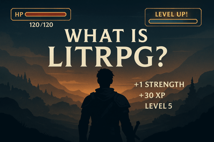 What Is LitRPG Feature Image – Adventurer Silhouette with RPG Stats Silhouette of a fantasy adventurer with RPG stats like HP and Level Up floating in the sky, symbolizing LitRPG storytelling.